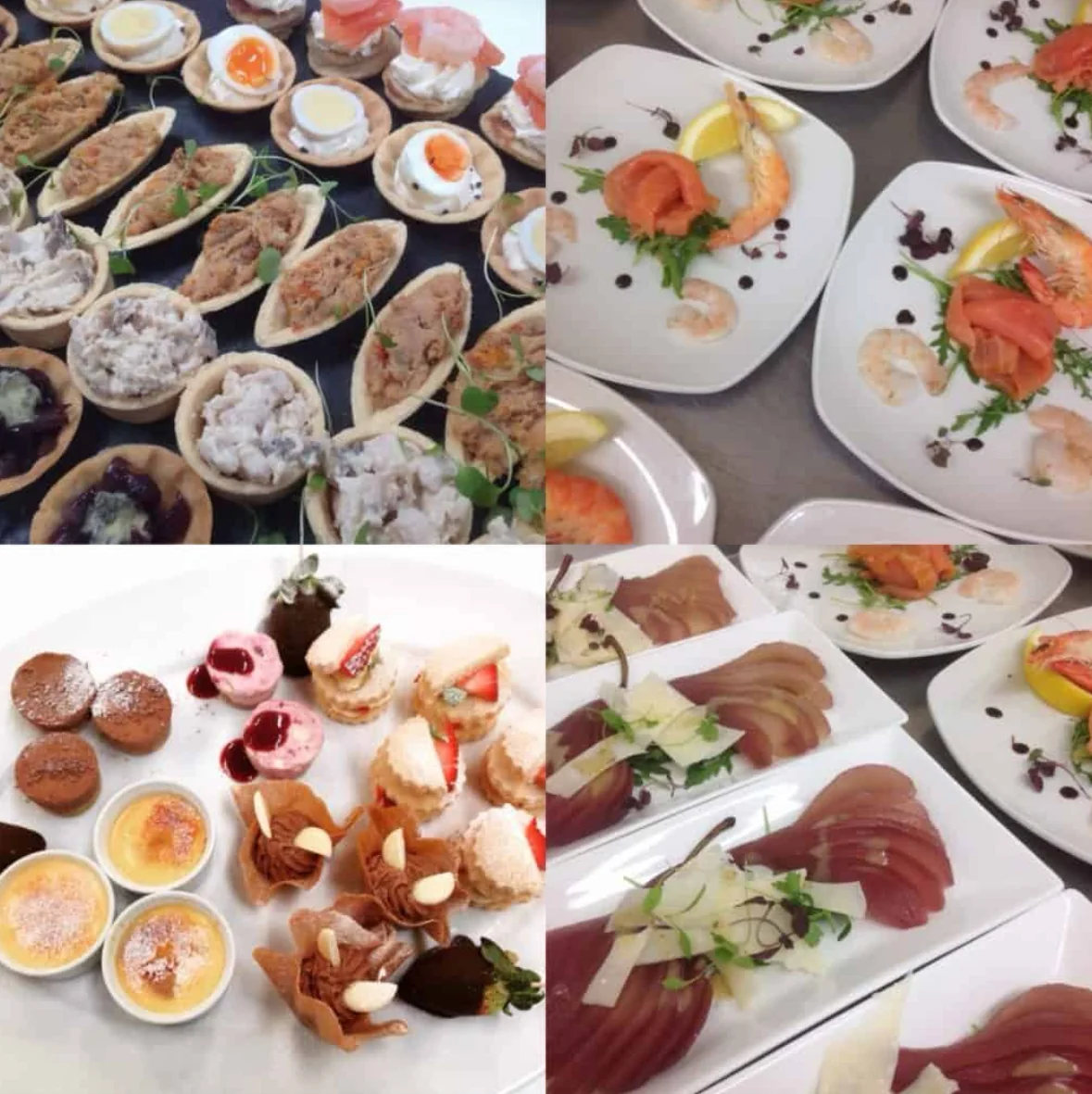 A collage of wedding catering dishes, canapes and desserts.