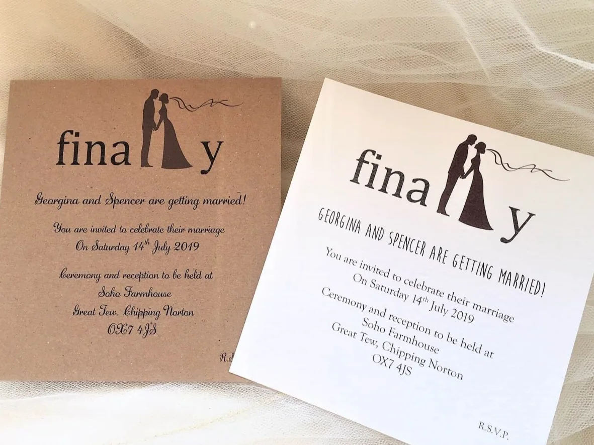 Two wedding stationery designs headed Finally, with illustrated couples.