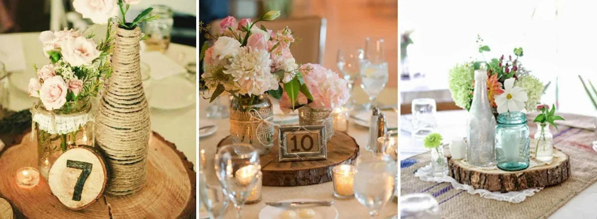 Three examples of rustic table decorations using flowers, jars and wooden slices.